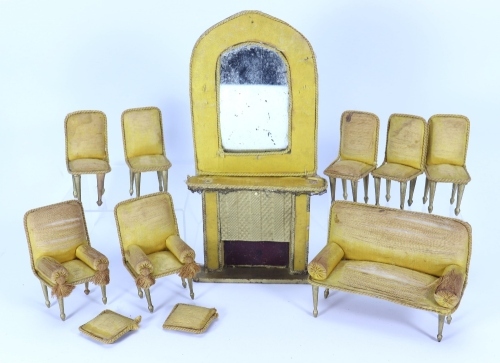 Suite of yellow silk upholstered dolls house furniture, 19th century,