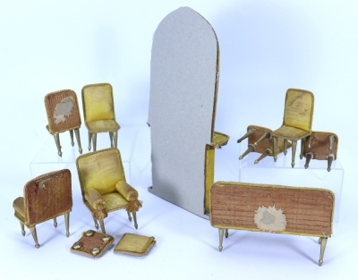 Suite of yellow silk upholstered dolls house furniture, 19th century, - 2