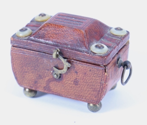 A miniature leather hinged casket needle box, early 19th century,