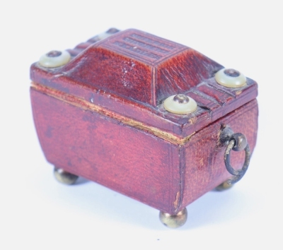 A miniature leather hinged casket needle box, early 19th century, - 2