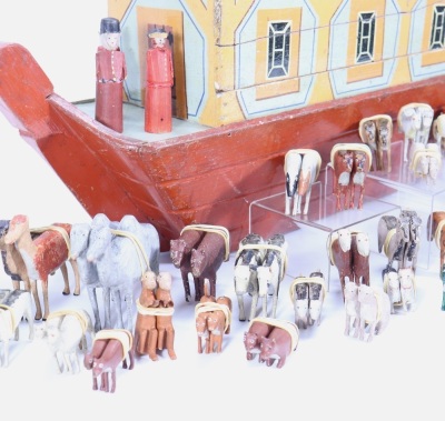 A large painted wooden Noah’s ark with animals and figures, German, late 19th century, - 3