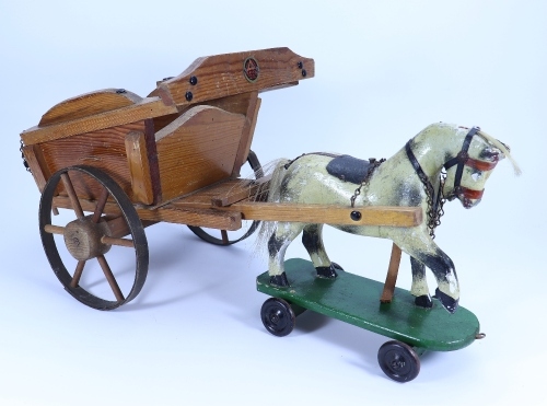 A Triangtois pull-along horse and hay wagon and cart, English 1920s,