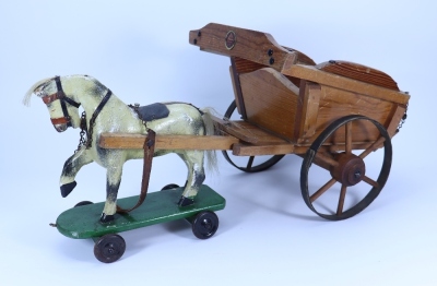 A Triangtois pull-along horse and hay wagon and cart, English 1920s, - 2