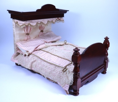 A Victorian mahogany Half-Tester Dolls bed with pink and white drapes, - 2