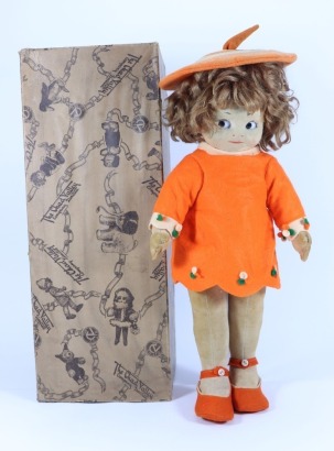 A rare Chad Valley Bambina cloth doll in original box/bed, English 1920s,