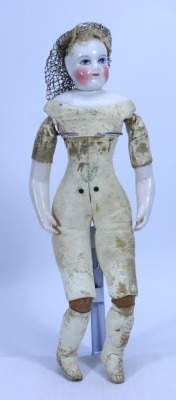 A rare Leontine Rohmer glazed bisque shoulder swivel head fashion doll with trunk and trousseau, French circa 1860, - 8