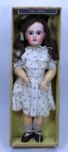 All original Tete Jumeau bisque head Bebe doll in original box, size 10, French circa 1895,