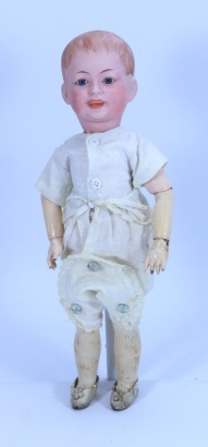 All original boxed S.F.B.J 227 bisque head character doll on ‘walker’ body, French circa 1910,