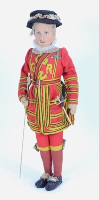 Alpha Farnell Beefeater cloth doll in uniform, English circa 1930s,