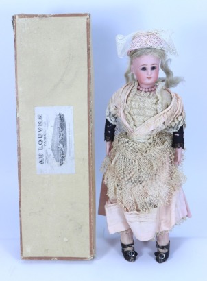 A rare Simon & Halbig 1385 bisque shoulder head fashion doll in original Grands Magasins Du Louvre box, German for the French market 1890s,