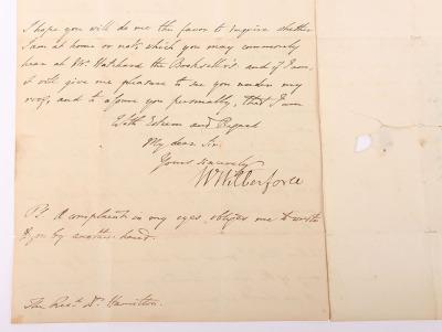 Wm. Wilberforce letter to Rev. Hamilton, Knocktopher, Ireland, later instigator of the Carrickshock Incident in 1831 - 6