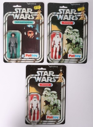 Three Vintage Star Wars Palitoy Action Figures complete with original bubbles and cardbacks.