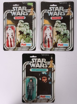 Three Vintage Star Wars Palitoy Action Figures complete with original bubbles and cardbacks.