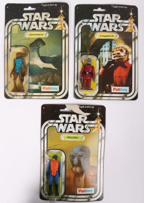 Three Vintage Star Wars Palitoy Action Figures complete with original bubbles and cardbacks.