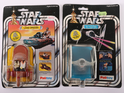 Two Palitoy Star Wars Vintage Tie Fighter Diecast Vehicle and Landspeeder in original packaging.