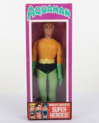 Vintage Mego DC Aquaman 8 inch Action figure 1976 in original Purple box, Unpunched 3 panel,