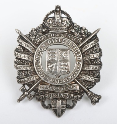 London Rifle Brigade Sterling Silver Officers Cap Badge by J R Gaunt, London