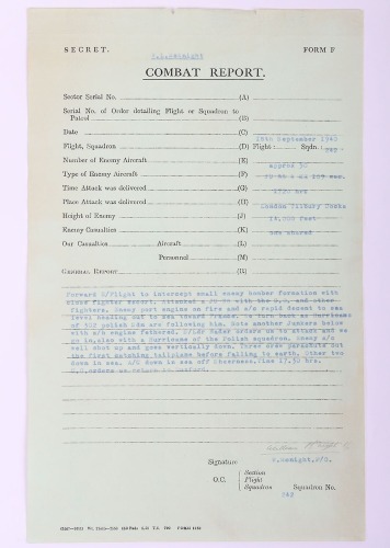 WW2 Royal Air Force Battle of Britain Combat Report of Pilot Officer William McKnight DFC & Bar, No 242 Squadron Commanded by Sir Douglas Bader