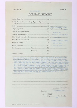 WW2 Royal Air Force Battle of Britain Combat Report of Pilot Officer William McKnight DFC & Bar, No 242 Squadron Commanded by Sir Douglas Bader