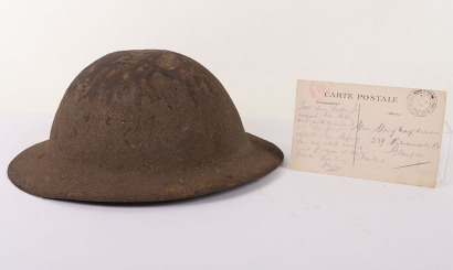 WW1 British Steel Combat Helmet with Postcard Sent Back from the Front