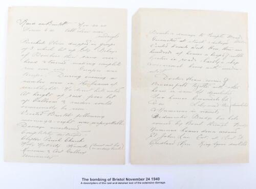 The Bombing of Bristol November 24th 1940, Handwritten Description of Raid