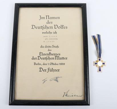 Third Reich Mothers Cross in Gold with Award Certificate to Frau Marie Tonne