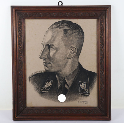 Rare Framed Charcoal Portrait of Der Chef der Sicherheitspolizei und des SD Obergruppenführer Reinhard Heydrich, in 1937