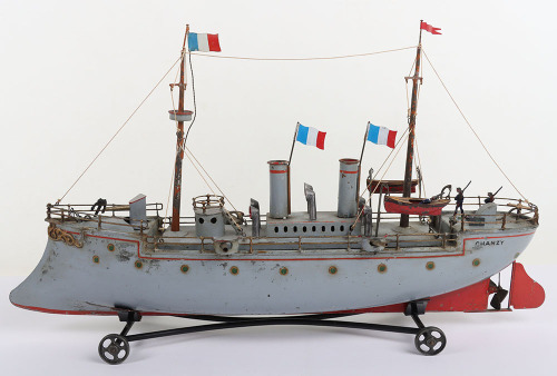 A fine Bing tinplate clockwork two funnel Gunship &lsquo;Chanzy&rsquo;, German circa 1905