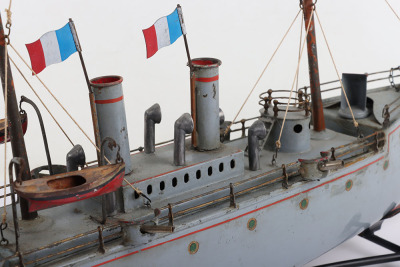 A fine Bing tinplate clockwork two funnel Gunship &lsquo;Chanzy&rsquo;, German circa 1905 - 6