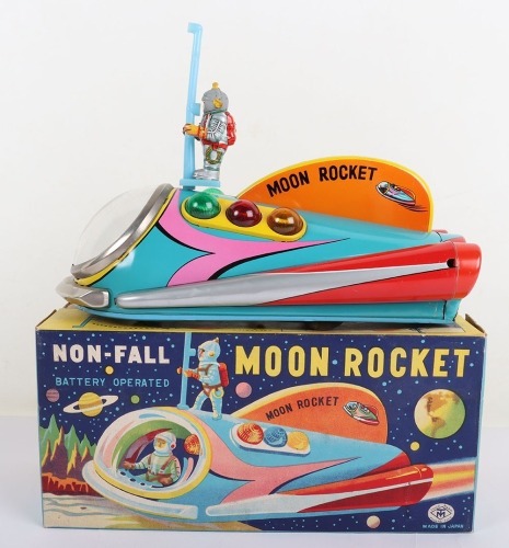 Boxed TM Masudaya battery operated Moon Rocket, Japanese 1950s