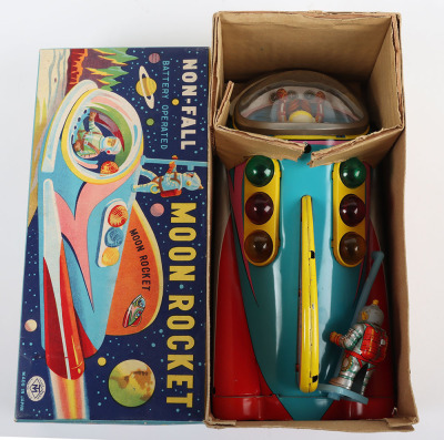 Boxed TM Masudaya battery operated Moon Rocket, Japanese 1950s - 7