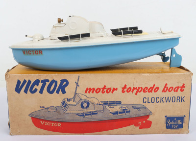 Sutcliffe boxed tinplate clockwork Torpedo boat Victor