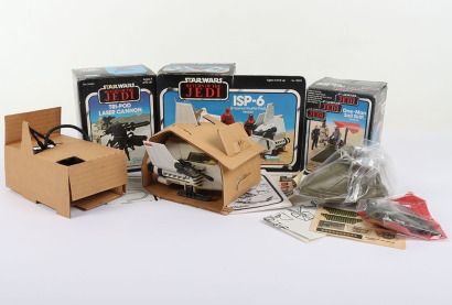 Three Vintage Star Wars Return of the Jedi Mini-Rigs boxed.