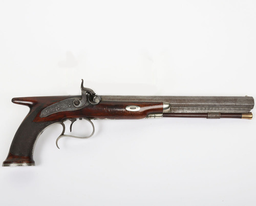 Saw handled back action percussion target pistol by JOSEPH HOLLIS, LONDON, c.1840