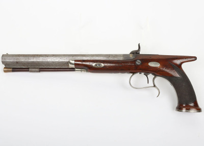 Saw handled back action percussion target pistol by JOSEPH HOLLIS, LONDON, c.1840 - 2
