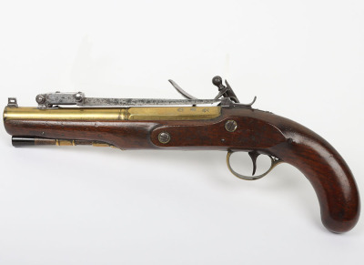 26 bore brass barrel flintlock holster pistol signed DOBSON, LONDON c.1820 - 2