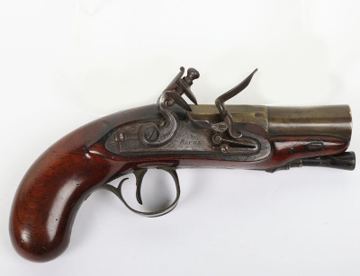 Unusual brass barrel 18 bore flintlock travelling pistol by BOURN c.1820