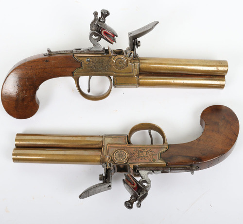 Pair of French or Belgian boxlock flintlock double barrel tap action over and under travelling pistols c.1800