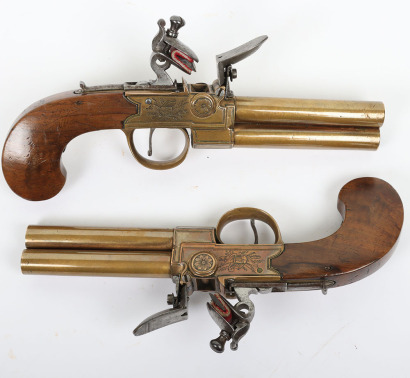 Pair of French or Belgian boxlock flintlock double barrel tap action over and under travelling pistols c.1800