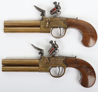 Pair of French or Belgian boxlock flintlock double barrel tap action over and under travelling pistols c.1800 - 2
