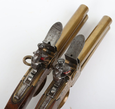 Pair of French or Belgian boxlock flintlock double barrel tap action over and under travelling pistols c.1800 - 3