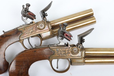 Pair of French or Belgian boxlock flintlock double barrel tap action over and under travelling pistols c.1800 - 4