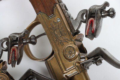 Pair of French or Belgian boxlock flintlock double barrel tap action over and under travelling pistols c.1800 - 6