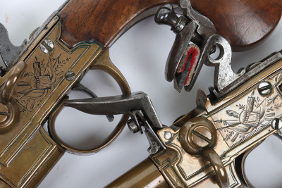 Pair of French or Belgian boxlock flintlock double barrel tap action over and under travelling pistols c.1800 - 7