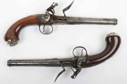 Pair of 22 bore Queen Anne style flintlock cannon barrel holster pistols by BARBAR c.1745