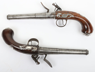 Pair of 22 bore Queen Anne style flintlock cannon barrel holster pistols by BARBAR c.1745 - 2