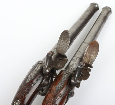Pair of 22 bore Queen Anne style flintlock cannon barrel holster pistols by BARBAR c.1745 - 3