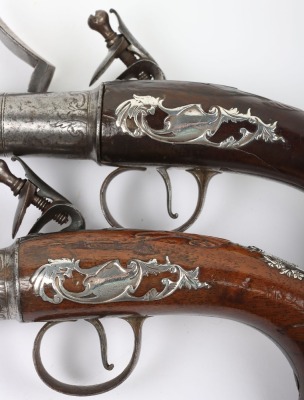 Pair of 22 bore Queen Anne style flintlock cannon barrel holster pistols by BARBAR c.1745 - 8