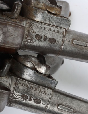 Pair of 22 bore Queen Anne style flintlock cannon barrel holster pistols by BARBAR c.1745 - 9
