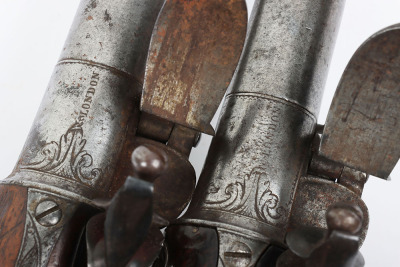 Pair of 22 bore Queen Anne style flintlock cannon barrel holster pistols by BARBAR c.1745 - 10